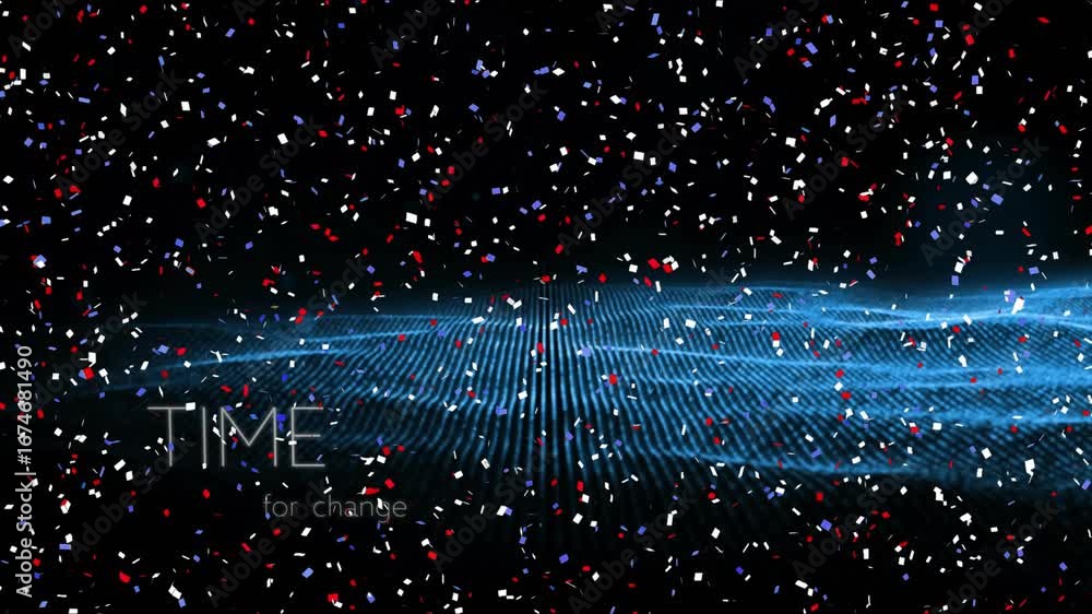 Poster drifting red white blue squares pulsing digital wave emerging while fading in time for change