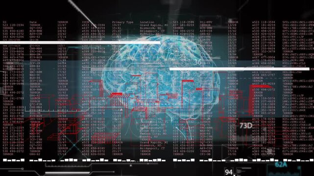 On interface loading holographic brain rotating while data scrolling and circuits mapping pathways - Powered by Adobe