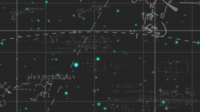 Grid opening with dashed lines before flickering teal dots and forming scientific overlay