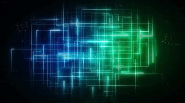 On start neon grid pulsing, shifting from blue to green equations forming illustrating math network