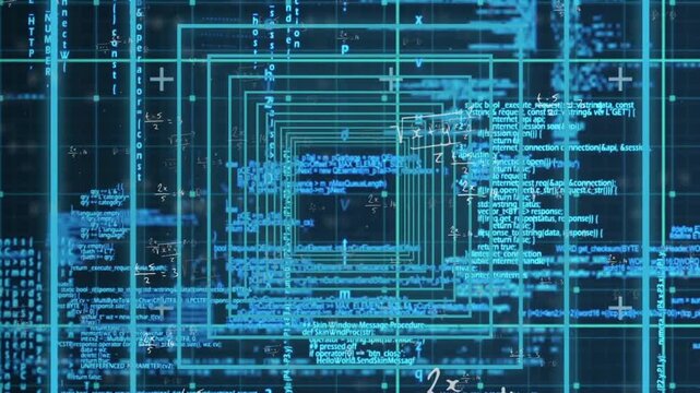 On start 3D teal wireframe squares moving inward, blue code snippets sliding showing digital tunnel