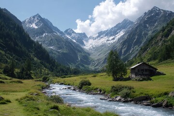 Tranquil Alpine Valley: Snow-Capped Peaks Surrounding a Pristine River Through Green Meadows and a Quaint Chalet