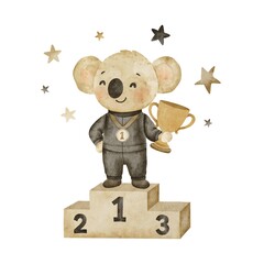 Cute koala in a black racing suit holding a golden trophy, wearing a gold medal with number 1, standing on a podium. White background, soft watercolor style, pastel colors, perfect for kids design.