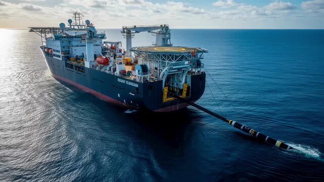 Aerial view of offshore vessel deploying armored umbilical cables on the ocean floor for oil and gas infrastructure.