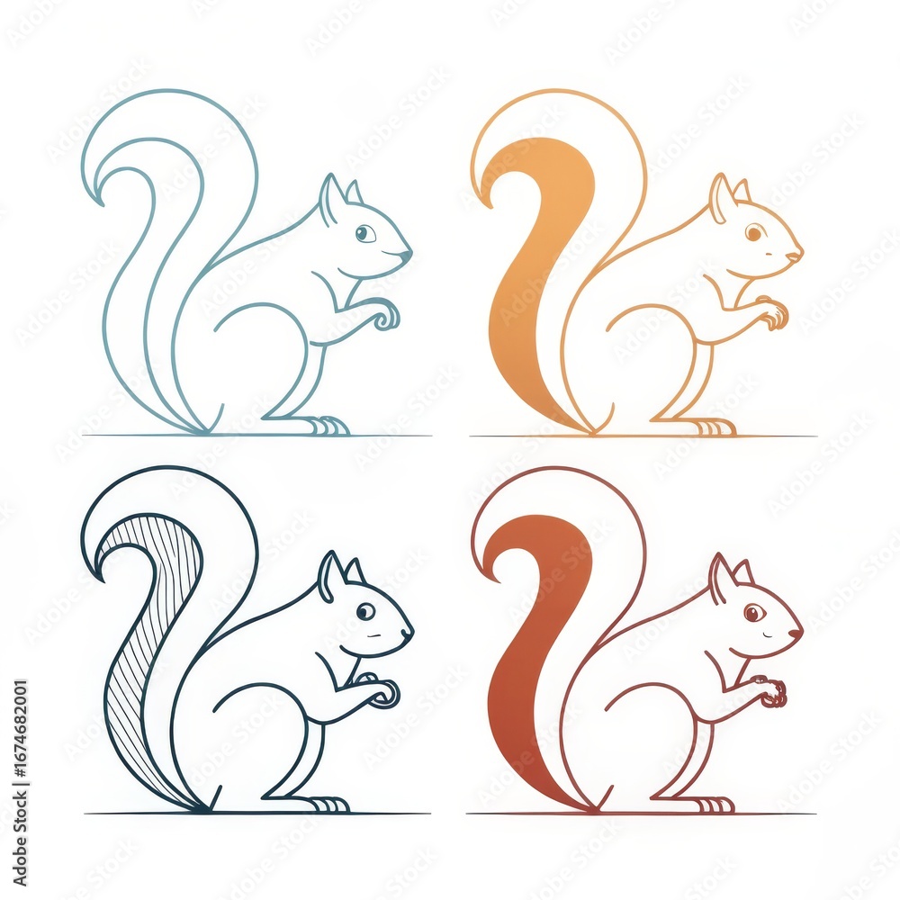 Poster four squirrels with different color schemes isolated on white background