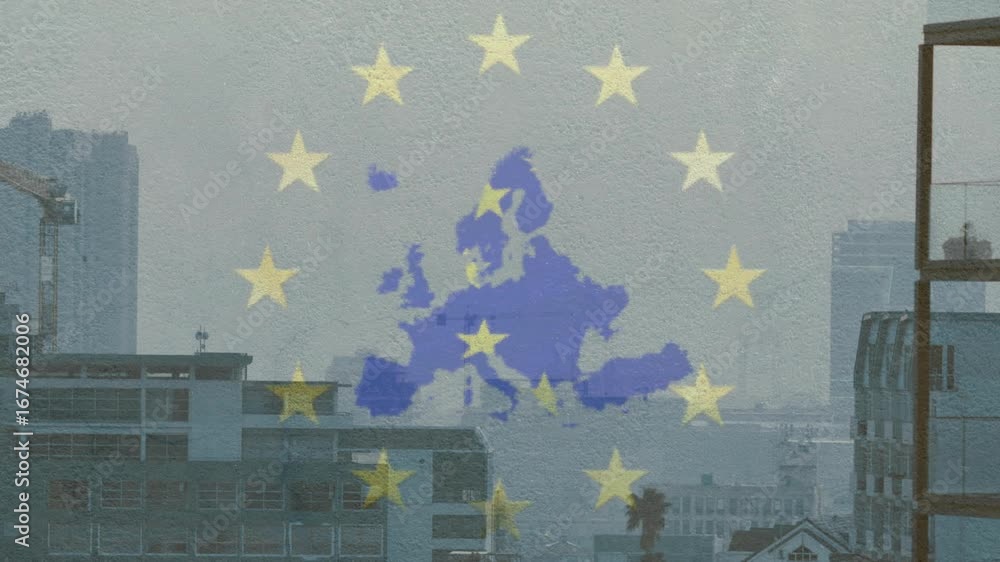 Poster Static skyline starting blue Europe map appearing, fading stars forming ring representing EU unity