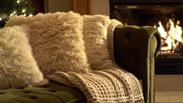 Close up of fluffy pillows and a knitted blanket on a couch near a fireplace