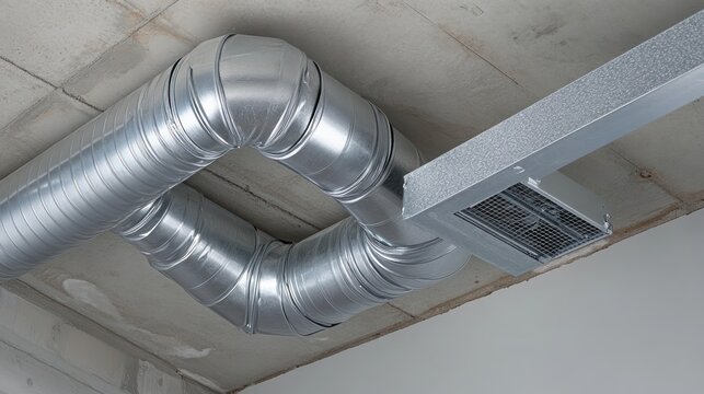 Flexible ventilation duct and vent on concrete ceiling
