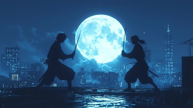 Two Ninjas Fighting Under a Giant Blue Moon in a City.