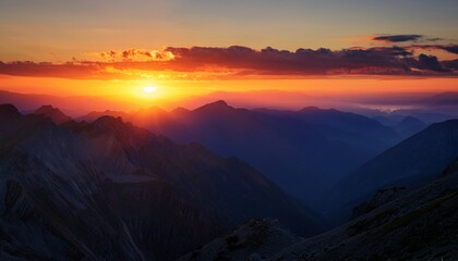 Obraz premium sunset over the mountains a majestic mountain range stretches across the horizon illuminated by the vibrant colors of a setting sun creating a scene of breathtaking natural beauty