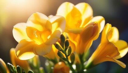Obraz premium golden freesia bloom delicate yellow freesias in full bloom their petals softly catching the sunlight a gentle ethereal beauty unfolds in this close up shot