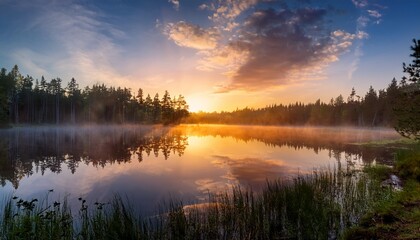 Fototapeta premium tranquil sunrise over misty forest lake reflecting vibrant sky