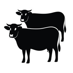 Cow and Cattle Herd Silhouette – Bovine Farm Animals Black and White Sketch, Line Art Vector Illustration for Agriculture and Rural Themes