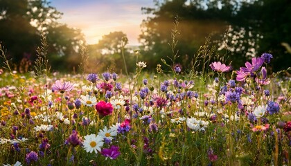 a vibrant meadow filled with blooming purple white and pink wildflowers in soft focus the sunlight highlights the delicate petals creating a dreamy colorful nature background