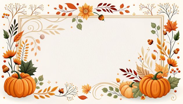 Elegant autumn frame with pumpkins and floral decorations for seasonal greetings