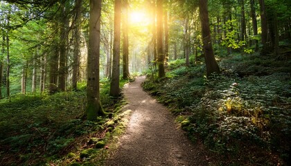 Obraz premium enchanted forest pathway with glowing lights and sunlight effects
