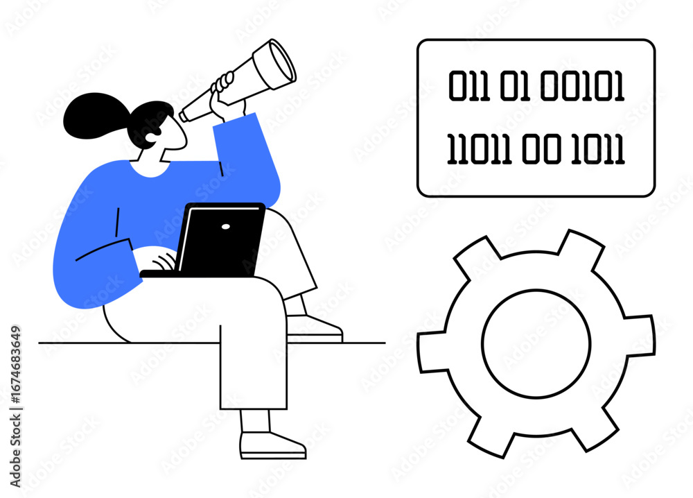 Poster woman seated with telescope and laptop, binary code above and gear symbol. ideal for technology, inn