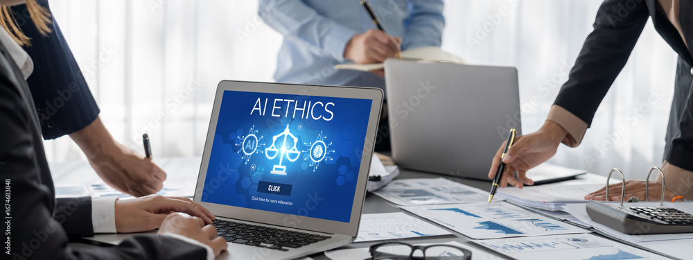 Aufkleber ai ethics responsibility standard law and rules on computer screen provide report of ai ethic transp