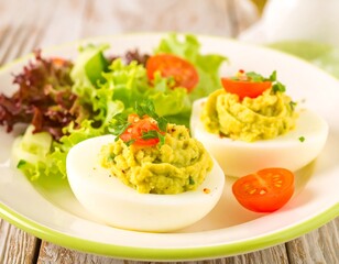 Deviled eggs with avocado and salad