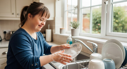 Happy woman with down syndrome washing dish in kitchen sink. Daily routine and independent living concept for disability awareness.