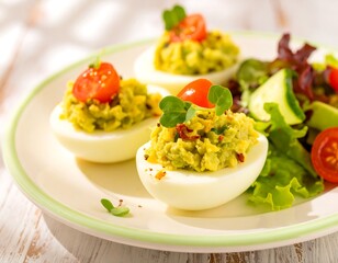 Deviled eggs with guacamole filling, garnished with cherry tomatoes and herbs, served with a side salad