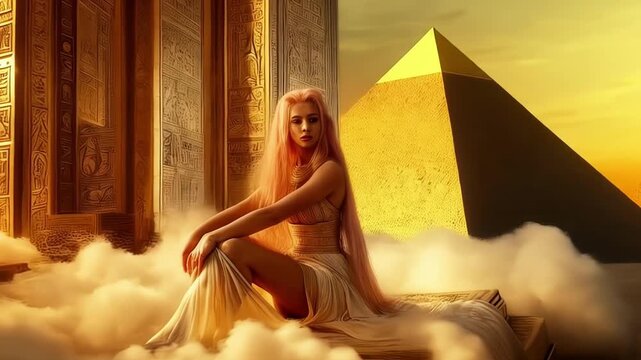 young Egyptian concubine with pink hair in an Egyptian temple of antiquities.