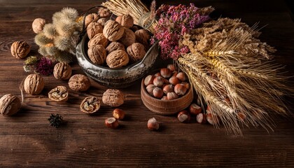 rustic wooden table with arrangement of walnuts hazelnuts wheat stalks grains and dried flowers creating a natural autumnal still life scene