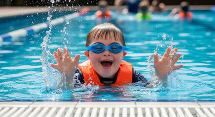 A boy with down syndrome wearing goggles and life vest splashes water in a swimming pool on a summer day.