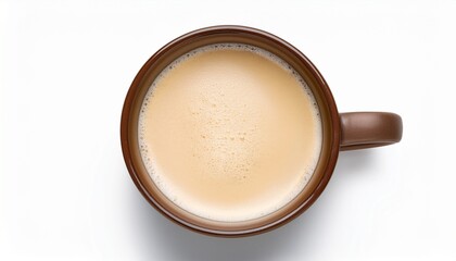 creamy white coffee with milk viewed from above in a mug isolated on white close up breakfast