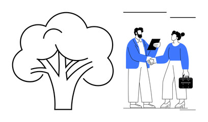 Tree representing sustainability next to business professionals shaking hands, holding documents and briefcase. Ideal for environment, cooperation, business deal, partnership, sustainability