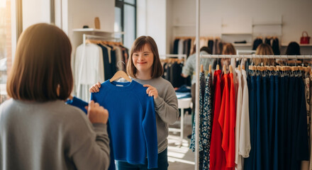 Woman with down syndrome in front of mirror holding a blue sweater in a shop. Daily life and inclusive concept.