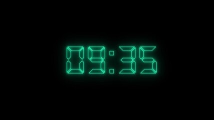 glowing neon 10 minute countdown animation from 620 seconds to 0 seconds. 10 minute countdown timer with alpha channel animation. 10 minute countdown on a transparent background