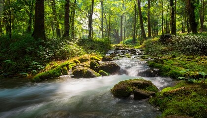 a serene forest setting with the sound of water flowing representing the peacefulness associated with shiv ji
