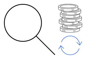 Magnifying glass focusing on stacked coins alongside circular arrows illustrating analysis, finance, and processes. Ideal for business, investment, research, growth, economy, recycling education