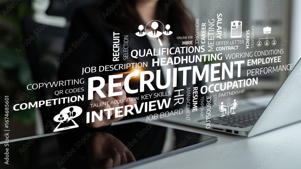 Poster this image features a modern recruitment concept emphasizing interviews, job descriptions, and skill