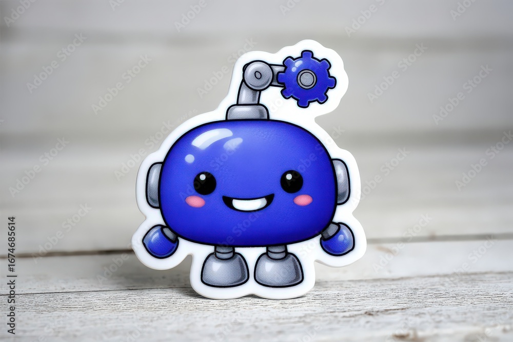 Aufkleber playful cartoon robot character exuding friendly charm enhanced by soft blue tones and expressive fe