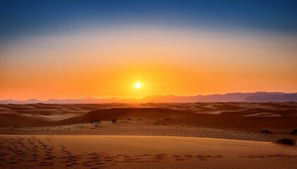 a vast empty desert landscape with a setting sun casting a warm glow over the horizon the sky is a gradient of orange and yellow hues