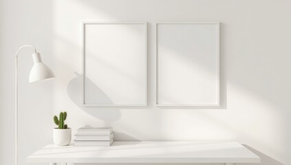 Clean and bright interior scene featuring two empty white picture frames hanging on a white wall with soft natural sunlight casting diagonal shadows and a small potted cactus on a white table below