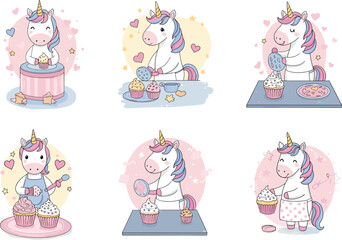 Cute unicorn baking cupcakes, pastel colors, fantasy character cooking, sweet dessert making, adorable magical creature, whimsical kitchen scene, flat vector illustration