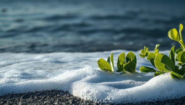 Fototapeta Coastal plant survives ocean waves  serene beach scene  nature background  for environmental themes