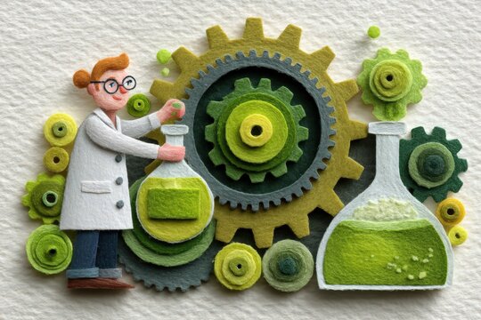 Engaging scientist manipulating green chemical solution within laboratory glassware amidst a backdrop of vibrant gears and foliage representing innovation in environmental chemistry