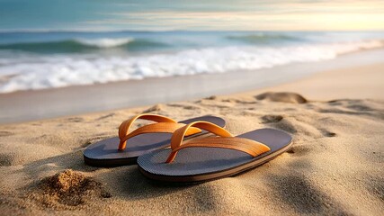 Relaxing flip-flops on a sandy beach with gentle sunlight