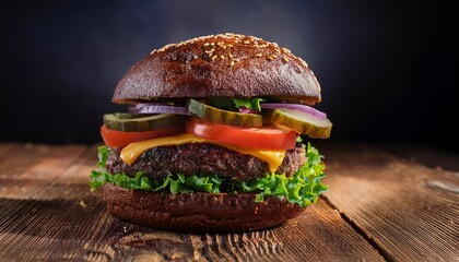 enjoying a delicious bison burger topped with fresh vegetables on a rustic wooden table