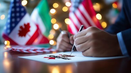 Close-up of hands signing a document, with blurred flags of Canada, USA, and Mexico in the background.