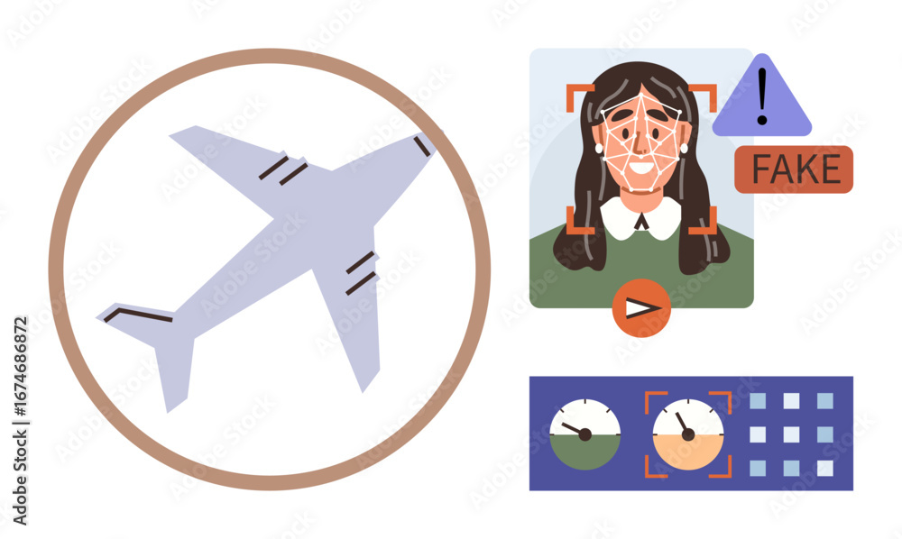 Poster airplane within a circle, facial recognition with fraud alert, and analysis dashboard. ideal for sec