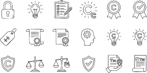Fototapeta premium Intellectual property protection and innovation concept with trademark copyright and legal rights in business presented through line art sketches isolated on white background