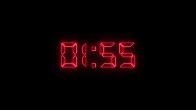 glowing neon 2 minute countdown animation from 120 seconds to 0 seconds. 2 minute countdown timer with alpha channel animation. 2 minute countdown on a transparent background