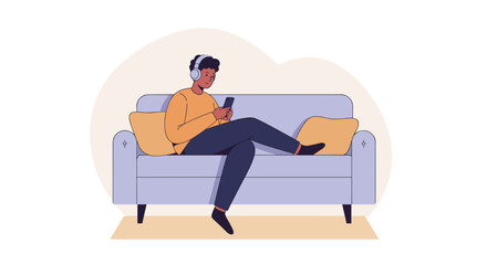 Modern flat vector illustration of person on sofa with wireless headphones and smartphone, minimal home technology design
