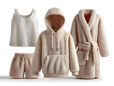 cream fleece 5 piece winter pajama collection hoodie trousers robe camisole shorts shown flat clean simple design for web and print use clear view modern minimal look neat layout vivid detail soft