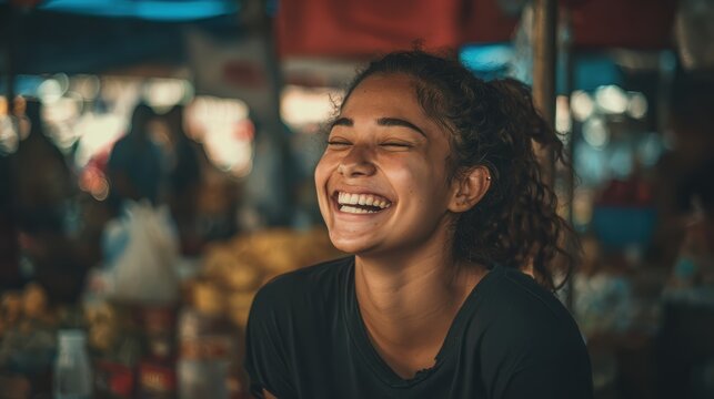 Joyful Laughter in Daily Life: A candid portrait captures a moment of pure, unadulterated joy as a person's face is alight with a genuine laugh. This image radiates happiness, depicting the simple.